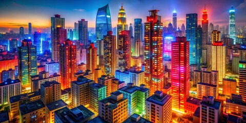Obraz premium Neon Cityscape A vibrant aerial perspective showcasing a dense cityscape illuminated by a kaleidoscope of colors, capturing the energy and dynamism of urban life. , city light