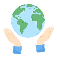 Hands gently holding the Earth, representing global environmental responsibility, sustainability. Small illustration in eco conscientious and save green planet concept. For eco platforms, banner.