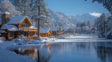 Fototapeta premium Serene winter landscape with snow-covered cabins by a calm river.