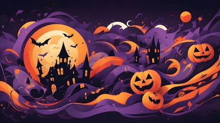 an abstract digital art interpretation of Halloween night, featuring a chaotic mix of shapes representing jack-o-lanterns, bats perfect for Halloween