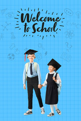 Little children in graduation hats with backpacks walking on blue background. End of school year
