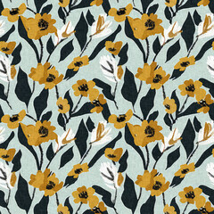 Modern printed fabric wildflower blockprint pattern with linen fabric textures. Stylized hand drawn boho dark florals for decorative design elements in repeatable background tile.