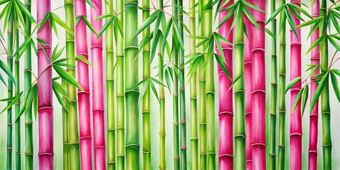 Fototapeta premium Pink and Green Bamboo Grove, Watercolor Painting, Lush Foliage, Serenity, Nature, Bamboo, Painting