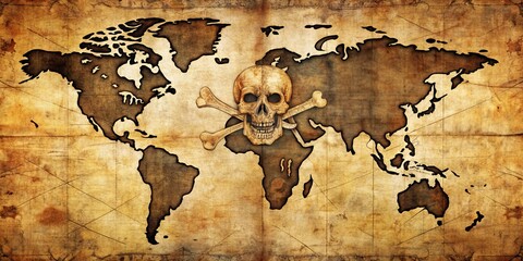 World Map with Skull and Crossbones, Vintage, Treasure, Pirate, Danger