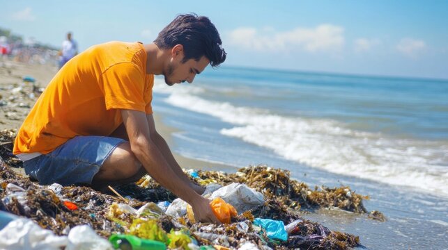 Young man volunteering in beach cleanup, collecting trash on seashore