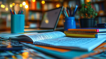 A teacher preparing a lesson plan, with textbooks, notebooks, and a laptop on the desk.