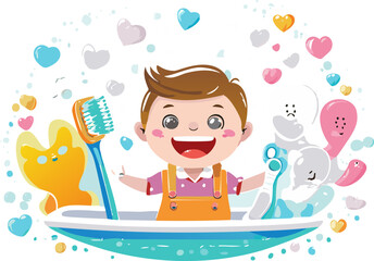 Fototapeta premium Cartoon happy cute kid boy hold toothbrush, before clean teeth. Healthcare, vector illustration