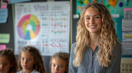 A teacher showing students how to interpret a graph in a math lesson.