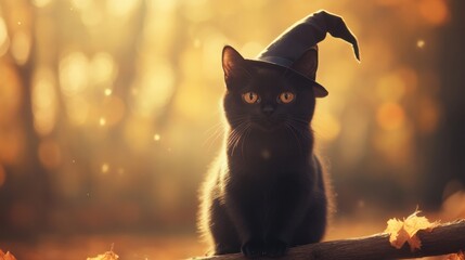 Black Cat in Witch Hat Sitting on Branch in Autumn Forest