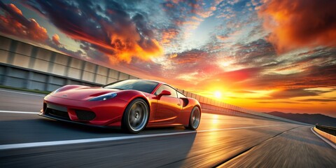Naklejka premium Red Sports Car Blazing Through Sunset, Speed , Sunset, Sportscar