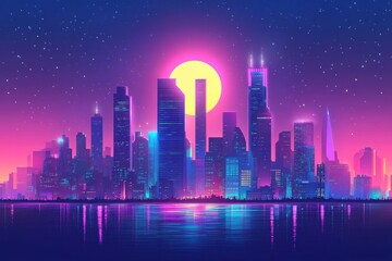 Fototapeta premium Vibrant art of a futuristic city skyline at nighttime with neon lights and a full moon reflecting on the water
