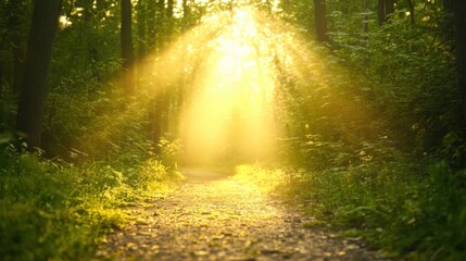 Obraz premium Forest Path with Sunlight Rays and Green Trees