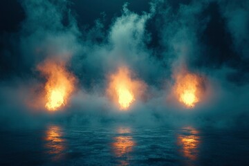 Three Flames Emerging from Smoke and Reflecting on Water