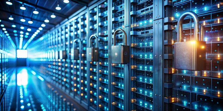 Secure Server Room with Padlocks and Blue Lights, data center , server security , cybersecurity