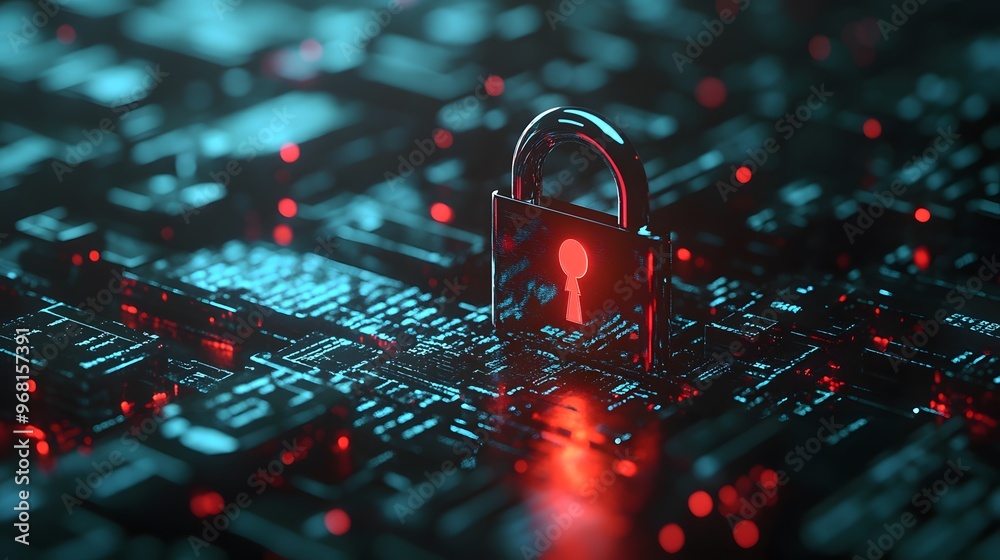 Poster a digital lock symbolizing cybersecurity on a glowing circuit board, highlighting data protection an