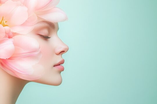 Close-up side profile of a serene woman&rsquo;s face adorned with soft pink flower petals. Ideal for beauty campaigns, skincare advertisements, or wellness-related marketing materials focused on natural bea
