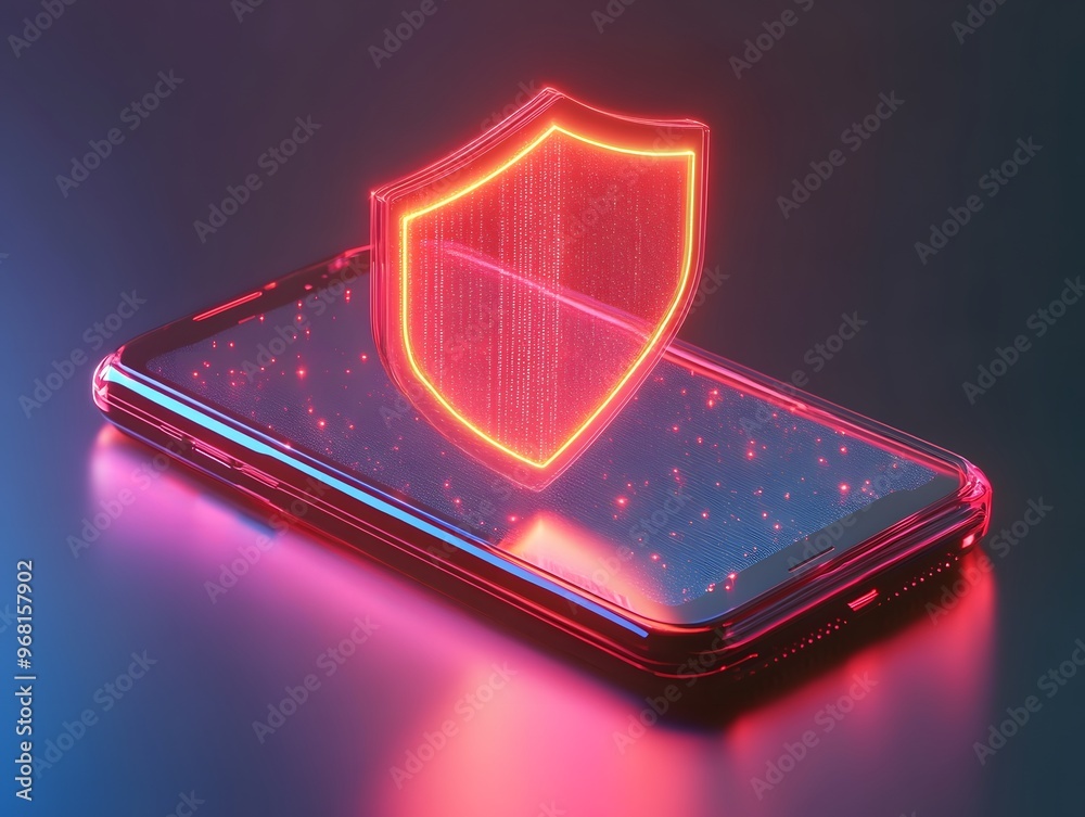 Poster a modern smartphone displaying a glowing shield symbolizing digital security and protection in a tec