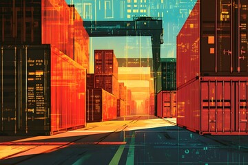 Digital Harbor at Sunset: A futuristic cityscape of shipping containers bathed in the warm glow of a setting sun, with digital overlays hinting at the seamless flow of global trade. 