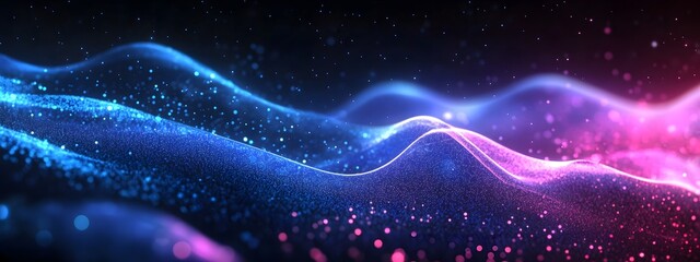 Fototapeta premium Abstract background with blue and purple glowing waves on a dark black background, an AI technology concept