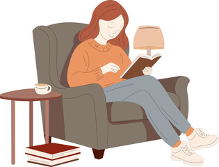 redhead girl reading a book in a green chair