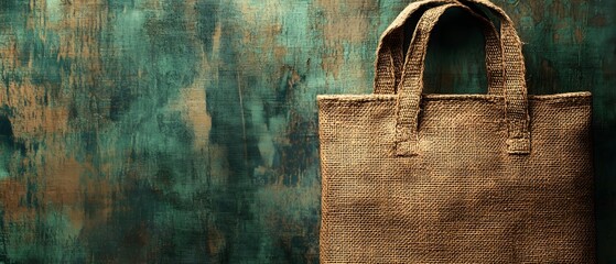 A rustic burlap bag against a textured teal background, perfect for eco-friendly or artisanal themes.