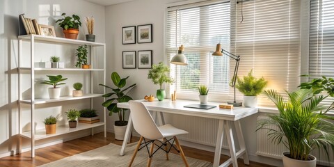 Sunlit Home Office with Plants and White Furniture, Desk, Plants, Interior Design, Home Office, Modern, Minimalist