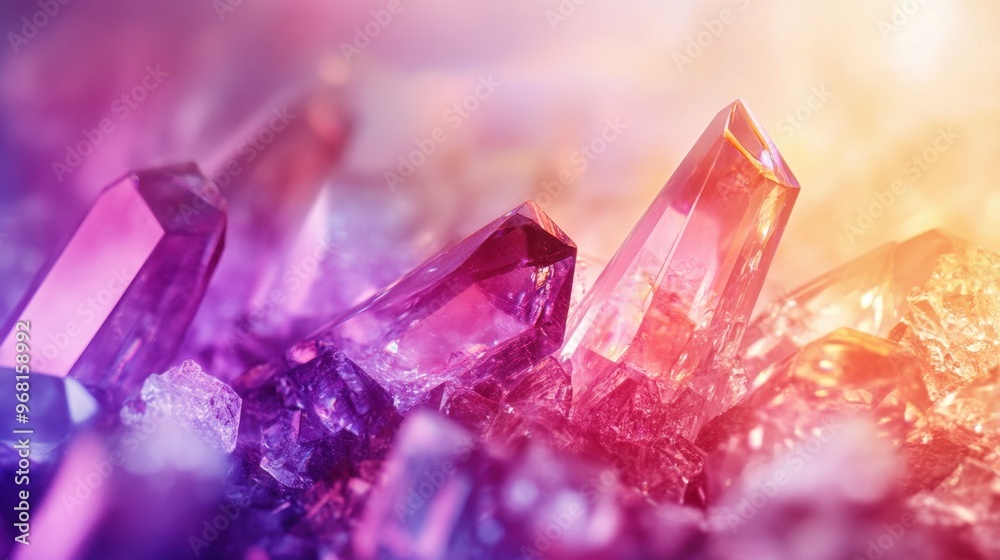 Wall mural vibrant purple and pink colored crystals with intense bokeh background