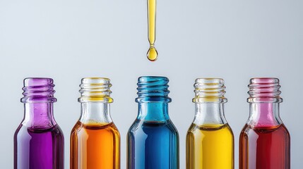 Collection of Five Glass Bottles with Droppers - Vibrant Colored Liquids and Suspended Droplet in Mid-Air for Scientific, Cosmetic, and Artistic Uses