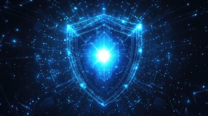 Digital Illustration of a Glowing Blue Shield with Bright Center Light, Surrounded by Geometric Lines and Shapes on Dark Blue Background, Futuristic and Secure Design