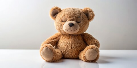 Obraz premium Teddy Bear in a State of Tranquility, Single Brown Plush Bear, Sitting on a White Surface, Minimalist Photography, plush toy, teddy bear, childhood