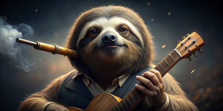 The Slothful Musician - Digital Painting of a Sloth Playing a Guitar with a Smoking Pipe, Sloth, Guitar, Digital Art - Powered by Adobe