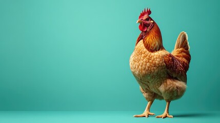 Majestic Rooster Standing Proudly Against a Teal Background, Showcasing Vibrant Plumage and Striking Red Comb and Wattle