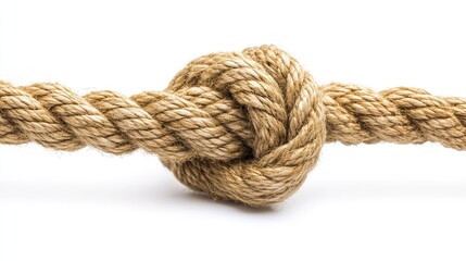 Close-Up Macro Image of a Rope Tied with a Knot Isolated on a White Background, Perfect for Nautical, Survival, and Crafting Themes