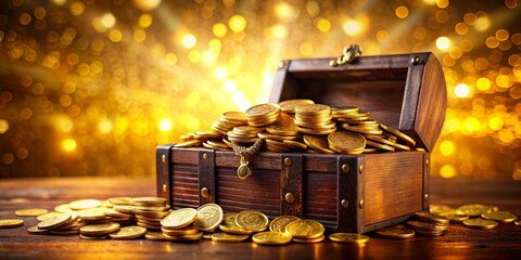 Treasure Chest Overflowing with Gold Coins, Wooden Chest, Golden Background, Treasure, Gold, Money