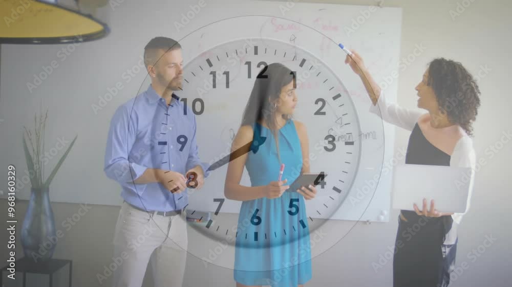 Sticker Animation of clock moving over diverse colleagues discussing work in office