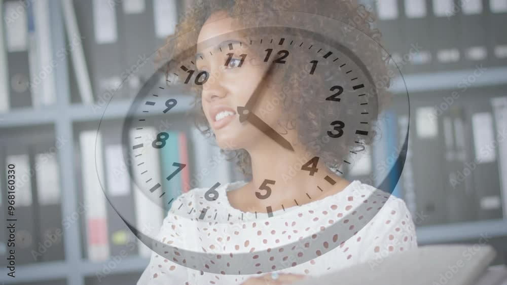 Wall mural Animation of clock moving over biracial businesswoman talking in office