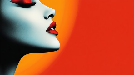 Fototapeta premium Bold Stylized Profile of a Woman’s Face with Emphasis on Lips and Chin, Featuring Vivid Colors and Shapes with Prominent Red Area