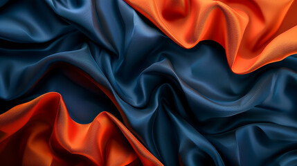 HD image of navy blue and bright orange fabric displaying complex folds and creases. The fabrica??s wavy surface is vividly detailed, creating a striking multicolored wallpaper effect.