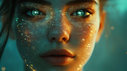 Stylized Female Face with Digital Holographic Overlay and Soft Teal Illumination Creating a Futuristic and Ethereal Look