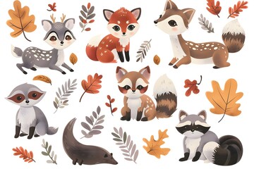 Fototapeta premium Whimsical Woodland Creatures and Autumn Leaves