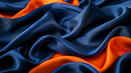 Fototapeta premium HD image of navy blue and bright orange fabric displaying complex folds and creases. The fabrica??s wavy surface is vividly detailed, creating a striking multicolored wallpaper effect.