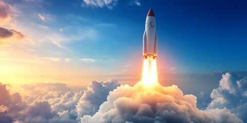 Space Rocket Flying Toward the Clouds