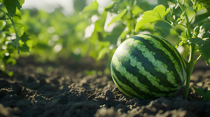 Close-Up Shot of a Ripe Watermelon Growing in a Field with Green Rind and Striped Pattern Against a Background of Leaves