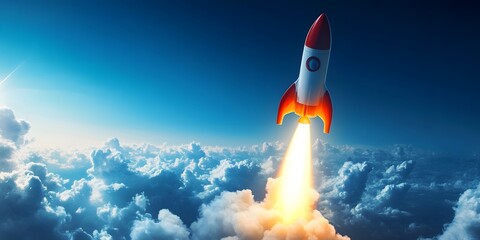 Space Rocket Flying Toward the Clouds