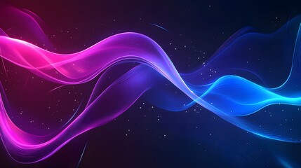 Abstract background with blue and purple glowing waves on a dark black background, an AI technology concept