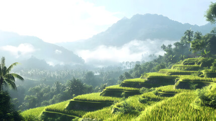 Fototapeta premium High-Definition Image of a Lush Rice Terrace with Bright Green Rice Plants Growing on Stepped Levels Against Mist-Covered Mountains