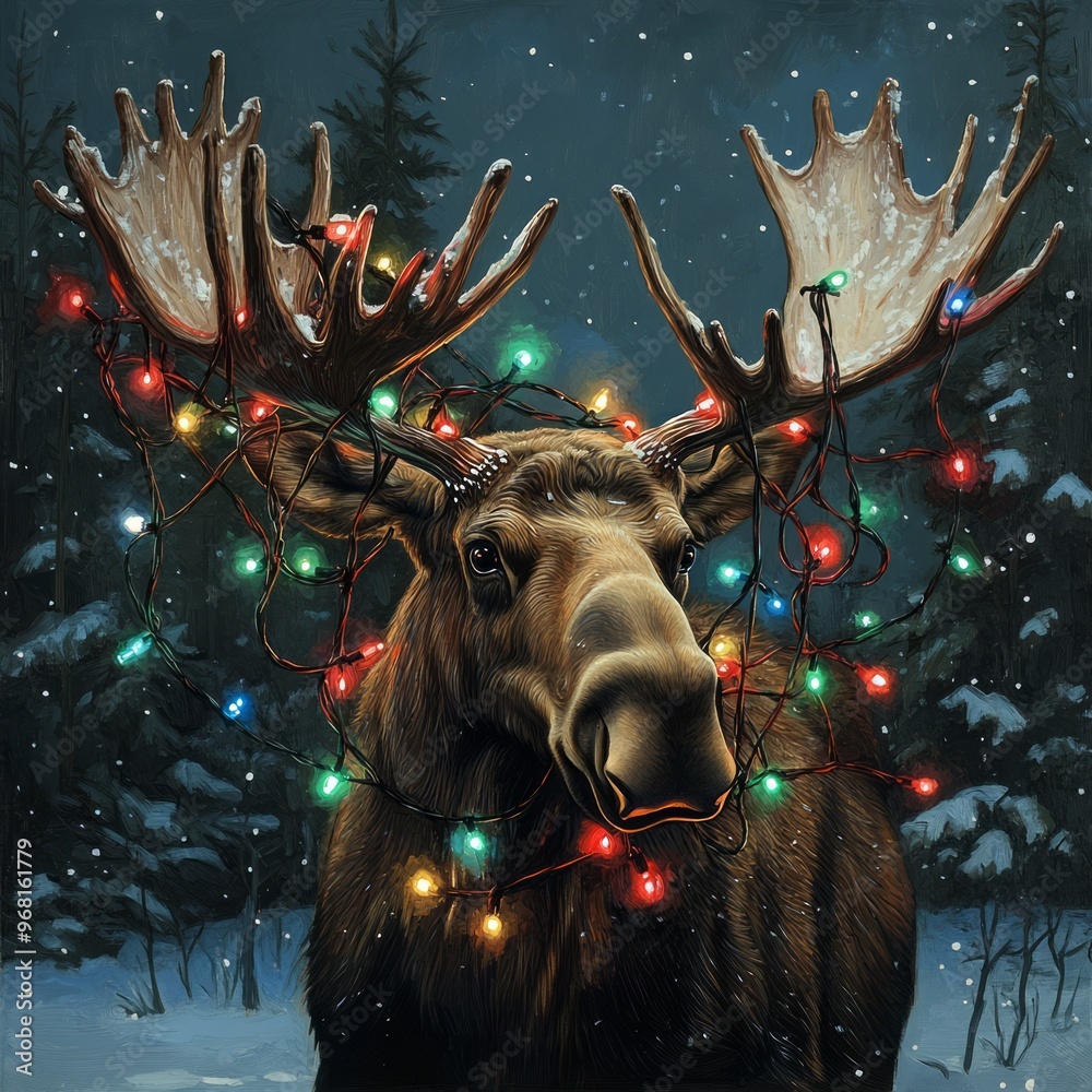 Sticker A moose adorned with colorful Christmas lights in a snowy forest setting.