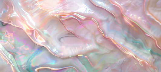 Top view of texture of smooth polished mother-of-pearl with iridescent hues of pink, green, and blue shimmering across the surface
