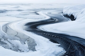 Obraz premium Serene Winter Landscape with Flowing Water and Snow-Covered Shoreline