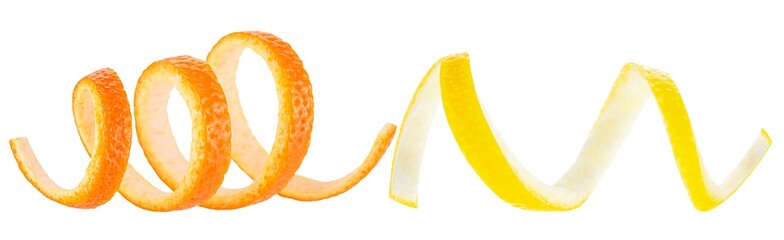Fresh peel of lemon and orange fruit isolated on a white background. Citrus zest spiral.